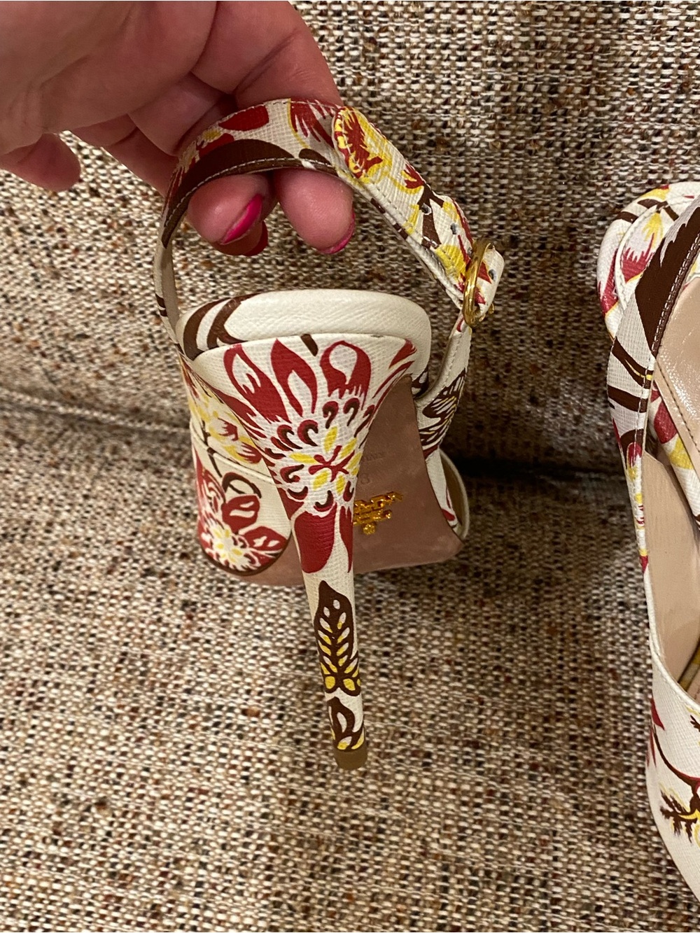 Prada Cream Floral Slingback Heels with Red & Yellow Accents - Picture 6 of 14